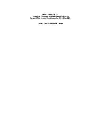 Thumbnail Titan Medical Quarterly Report 2016-q3