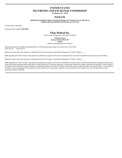 Thumbnail Titan Medical Quarterly Report 2022-q1