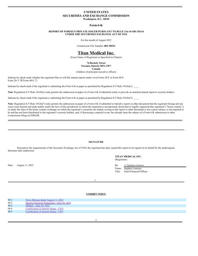 Thumbnail Titan Medical Quarterly Report 2022-q2