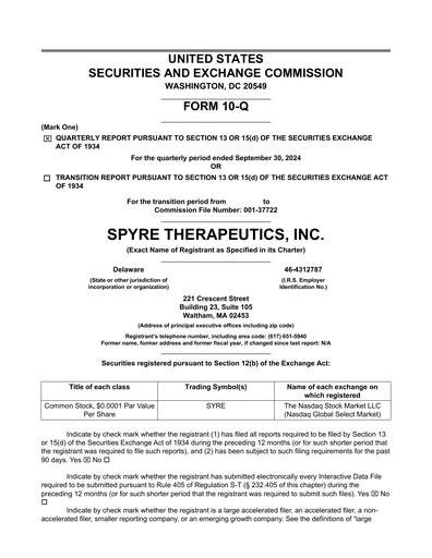 Thumbnail Spyre Therapeutics Quarterly Report 2024-q3
