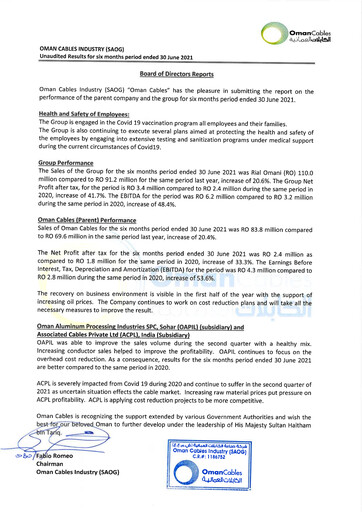 Miniature Oman Cables Industry Rapport financier 2021-h1