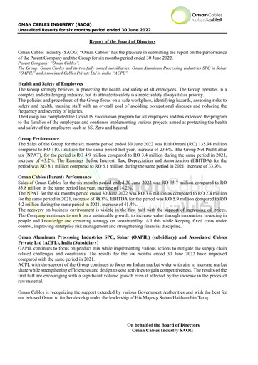 Miniature Oman Cables Industry Rapport financier 2022-h1