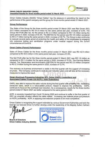 Thumbnail Oman Cables Industry Quarterly Report 2021-q1