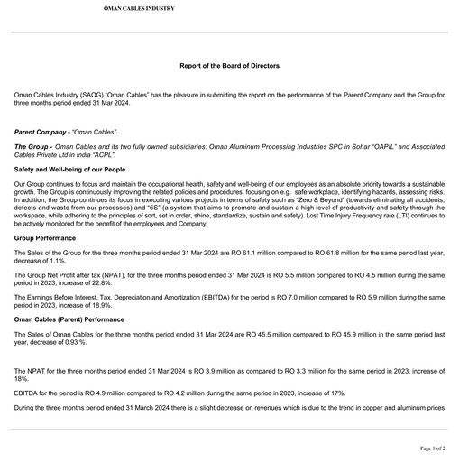 Thumbnail Oman Cables Industry Quarterly Report 2024-q1
