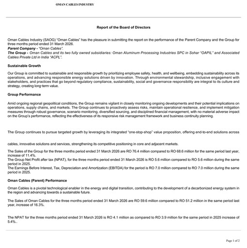 Thumbnail Oman Cables Industry Quarterly Report 2026-q1
