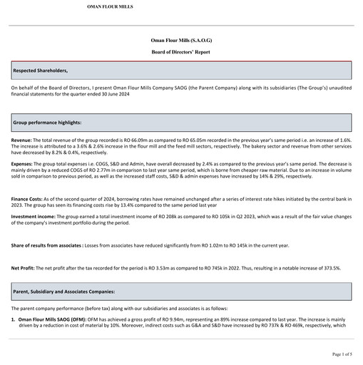 Thumbnail Oman Flour Mills Quarterly Report 2024-q2