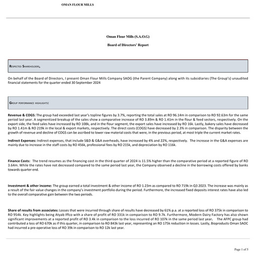 Thumbnail Oman Flour Mills Quarterly Report 2024-q3