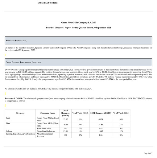 Thumbnail Oman Flour Mills Quarterly Report 2025-q3