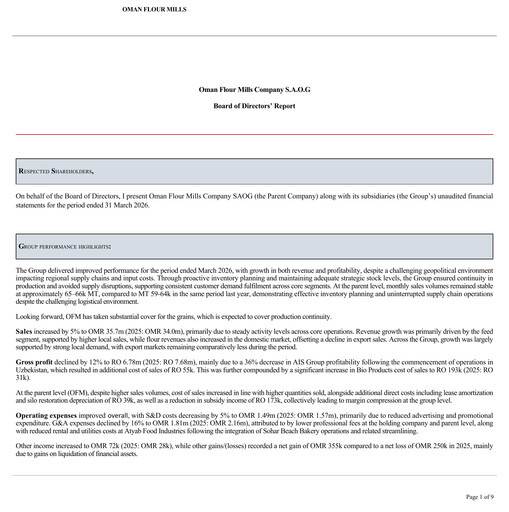 Thumbnail Oman Flour Mills Quarterly Report 2026-q1
