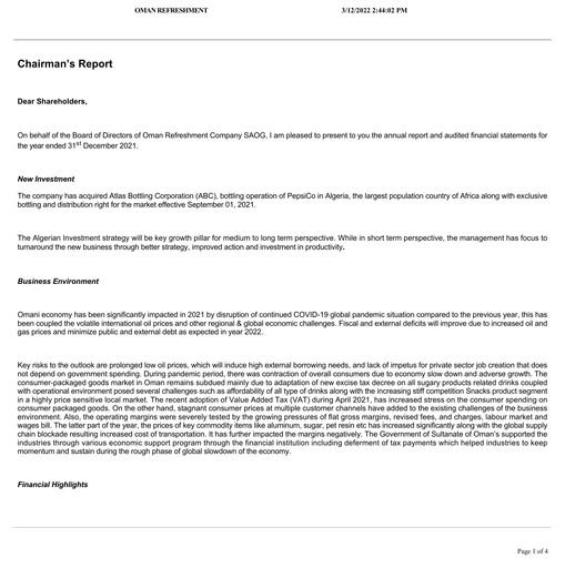 Thumbnail Oman Refreshment Company (Pepsi Oman) Annual Report 2021