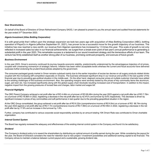 Thumbnail Oman Refreshment Company (Pepsi Oman) Annual Report 2023