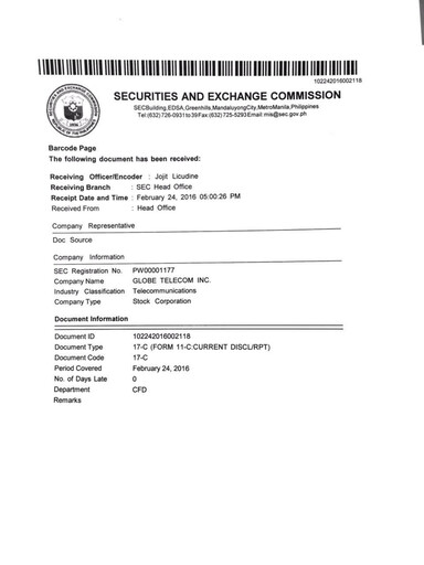 Thumbnail Globe Telecom, Inc. Financial Statement 2015