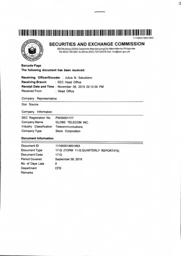 Thumbnail Globe Telecom, Inc. Quarterly Report 2019-q3