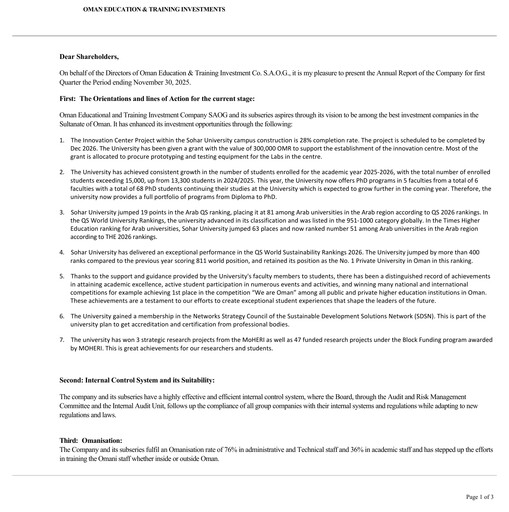 Thumbnail Oman Education and Training Investments (OETI) Quarterly Report 2025-q1