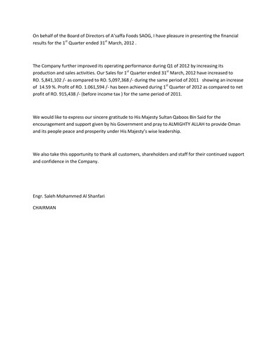 Thumbnail A'Saffa Foods Financial Statement 2012-q1