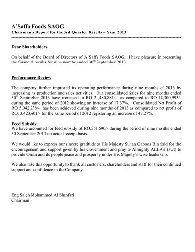 Thumbnail A'Saffa Foods Financial Statement 2013-9m