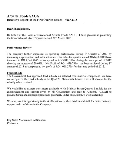 Thumbnail A'Saffa Foods Financial Statement 2013-q1