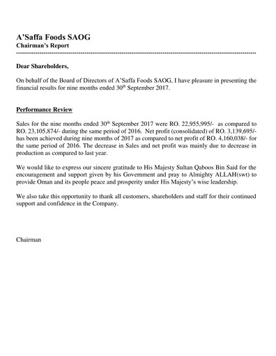 Thumbnail A'Saffa Foods Financial Statement 2017-9m