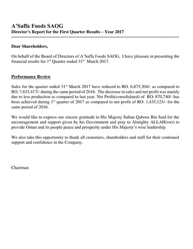 Thumbnail A'Saffa Foods Financial Statement 2017-q1