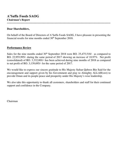Thumbnail A'Saffa Foods Financial Statement 2018-9m