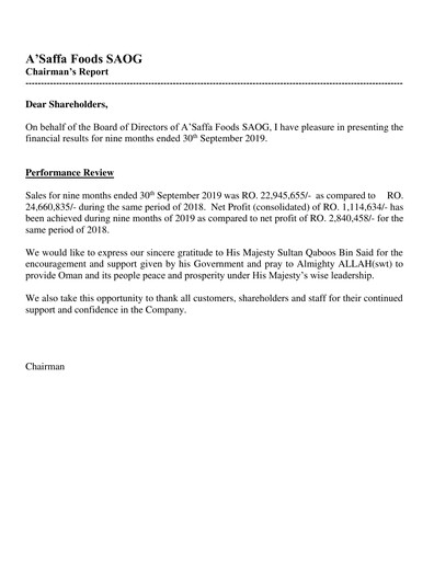 Thumbnail A'Saffa Foods Financial Statement 2019-9m