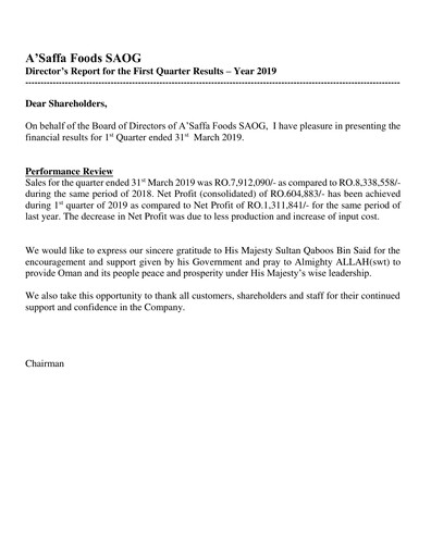 Thumbnail A'Saffa Foods Financial Statement 2019-q1