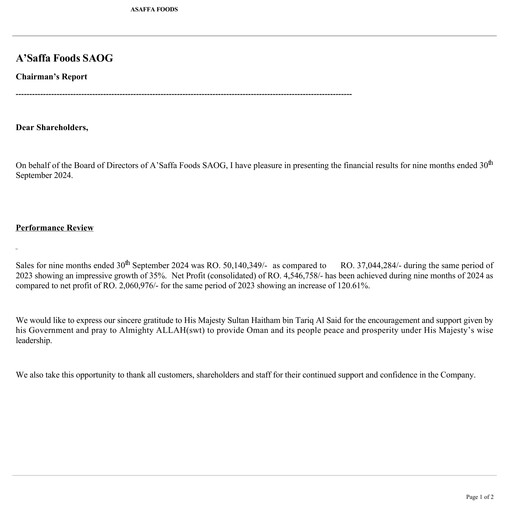 Thumbnail A'Saffa Foods Financial Statement 2024-9m