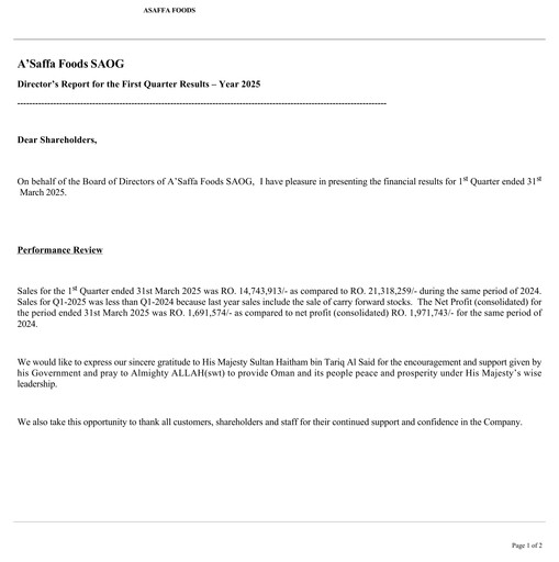 Thumbnail A'Saffa Foods Financial Statement 2025-q1