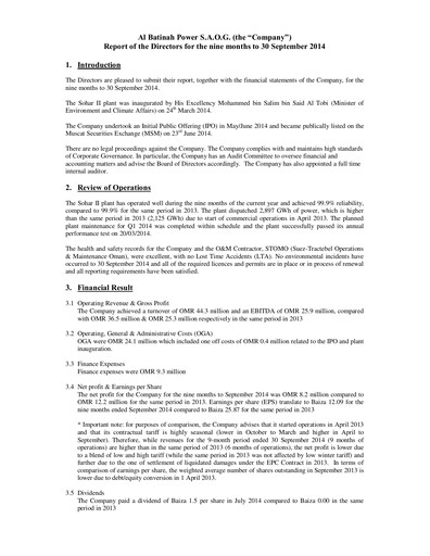 Vorschaubild Al Batinah Power Finanzmitteilung 2014-9m