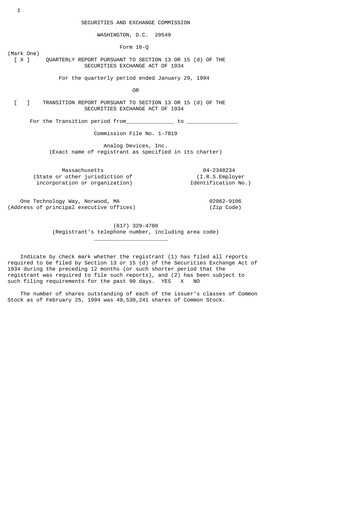 Thumbnail Analog Devices Quarterly Report 1994-q1