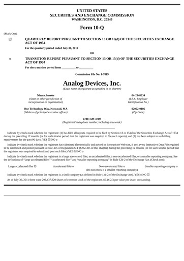Thumbnail Analog Devices Quarterly Report 2011-q3