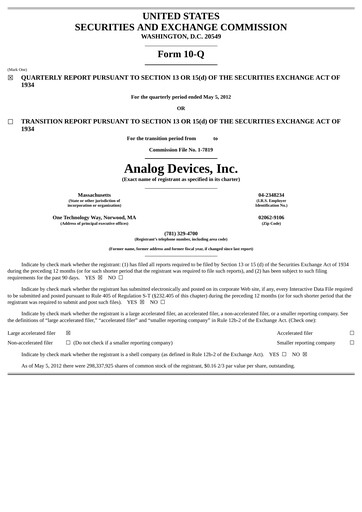 Thumbnail Analog Devices Quarterly Report 2012-q2