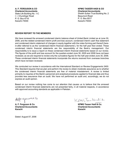 Miniature United Bank (Pakistan) Bilan financier 2006-h1