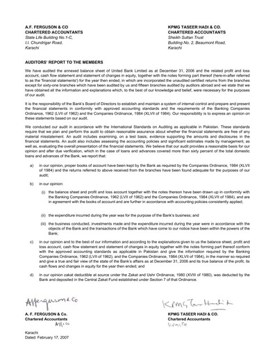 Miniature United Bank (Pakistan) Bilan financier 2006