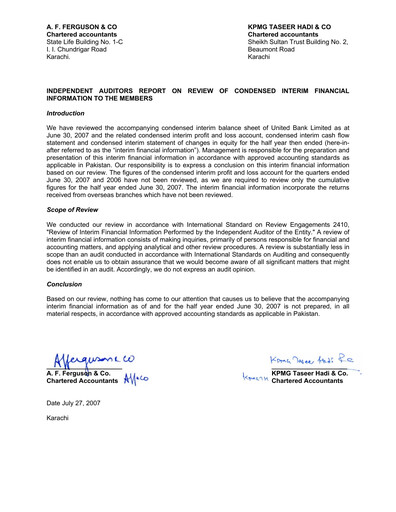 Miniature United Bank (Pakistan) Bilan financier 2007-h1