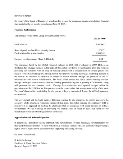 Miniature Habib Bank Rapport semestriel 2009-h1