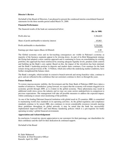 Miniature Habib Bank Rapport trimestriel 2009-q1
