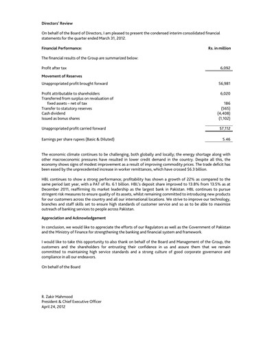 Miniature Habib Bank Rapport trimestriel 2012-q1