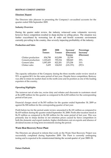 Thumbnail Bestway Cement Quarterly Report 2010-q1