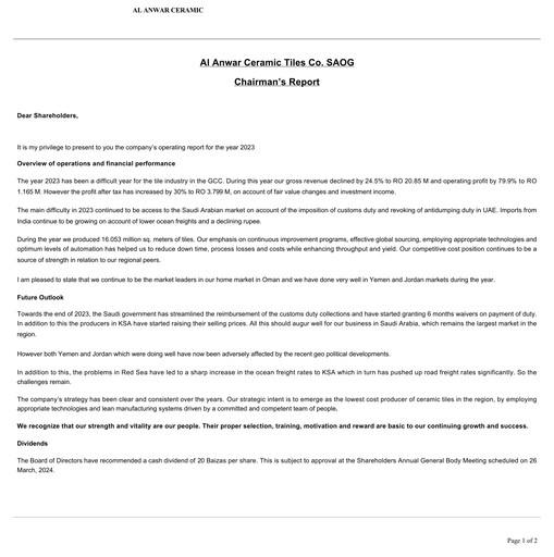 Thumbnail Al Anwar Ceramic Tiles Financial Statement 2023