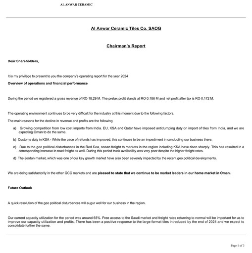 Thumbnail Al Anwar Ceramic Tiles Financial Statement 2024