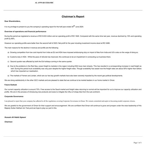 Thumbnail Al Anwar Ceramic Tiles Half-year Report 2024-h1