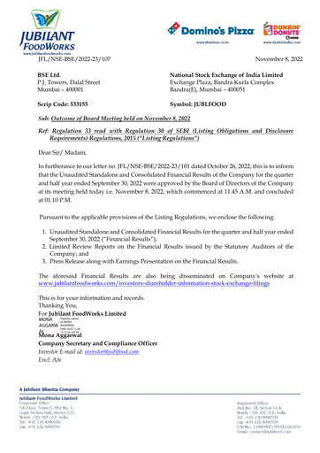 Thumbnail Jubilant FoodWorks
 Quarterly Report 2022-q2