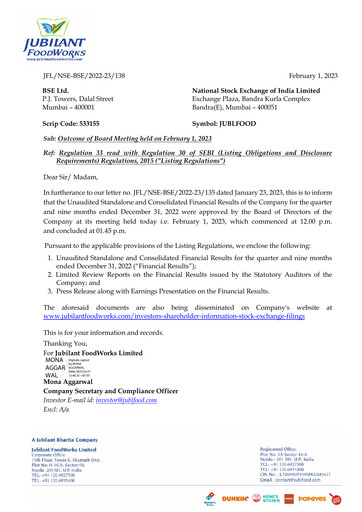 Thumbnail Jubilant FoodWorks
 Quarterly Report 2022-q3