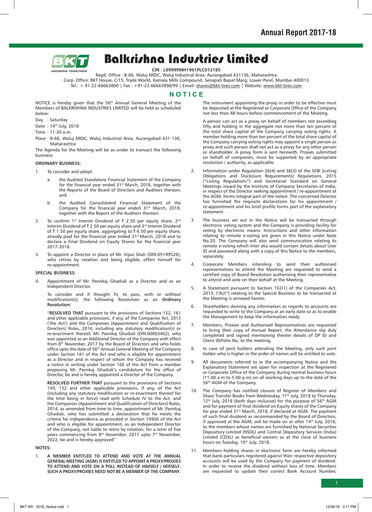 Miniature Balkrishna Industries
 Rapport annuel 2017-2018