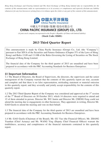 Thumbnail China Pacific Insurance Quarterly Report 2013-q3