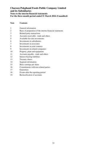 Miniature Charoen Pokphand Foods
 Rapport trimestriel 2016-q1
