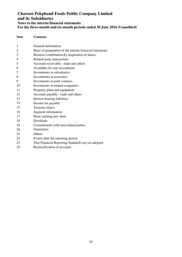 Miniature Charoen Pokphand Foods
 Rapport trimestriel 2016-q2