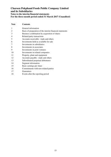 Miniature Charoen Pokphand Foods
 Rapport trimestriel 2017-q1