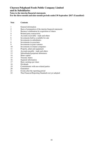 Miniature Charoen Pokphand Foods
 Rapport trimestriel 2017-q3